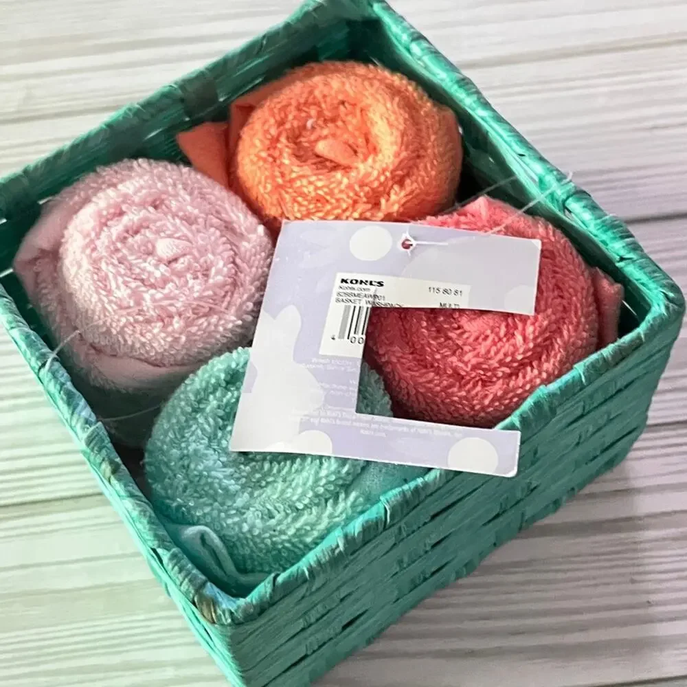 Colorful Rolled Wash Cloths in Basket